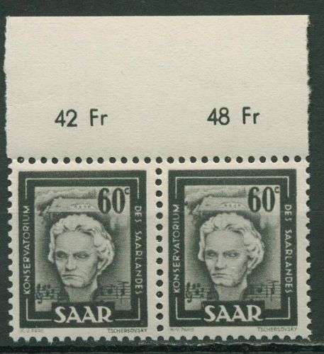 Saarland 1949 Freimarke Beethoven Paar mit Oberrand 273 Paar OR postfrisch