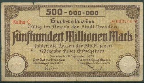 Dresden 500 Millionen Mark 1923, Keller 1572 e, stark gebraucht (K1029)