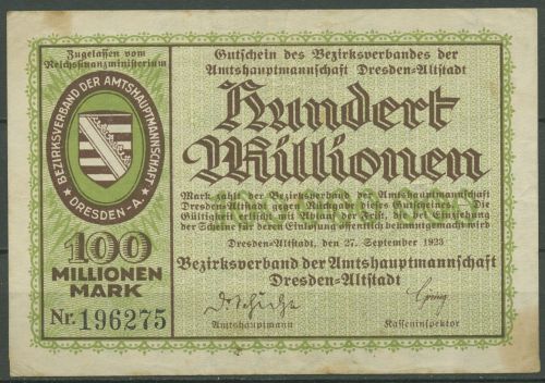 Dresden-Altstadt 100 Millionen Mark 1923, Keller 1120 f, gebraucht Flecke (K1033)