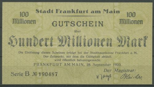 Frankfurt a. M. 100 Millionen Mark 1923, Keller 1522 k, leicht gebraucht (K1043)