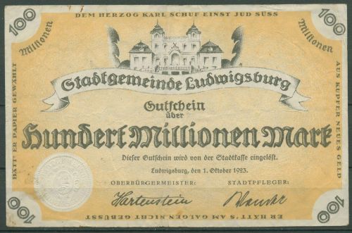 Ludwigsburg 100 Millionen Mark 1923, Keller 3327 a, gebraucht (K1055)