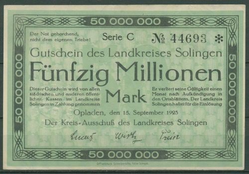 Solingen 50 Millionen Mark 1923, Keller 4812 f, leicht gebraucht (K1057)