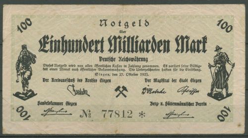 Siegen 100 Millionen Mark 1923, Keller 4778 i, gebraucht (K1060)