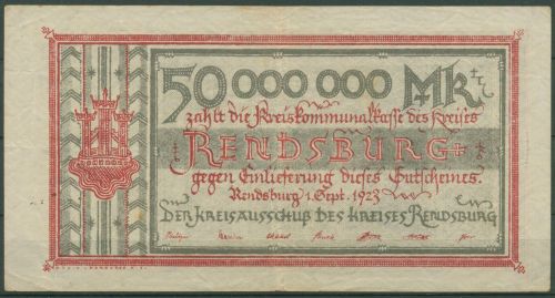 Rendsburg 50 Millionen Mark 1923, Keller 4541 f, gebraucht (K1062)