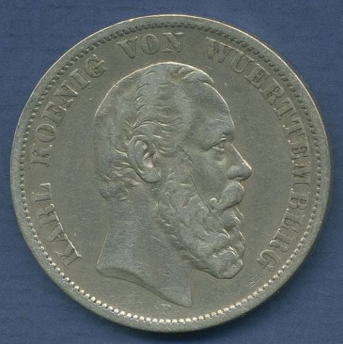 Württemberg 5 Mark 1876 F, König Karl, J 173 ss (m6343)