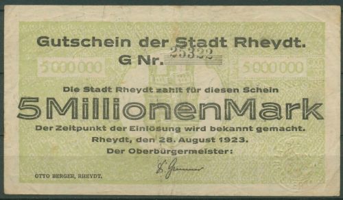 Rheydt 5 Millionen Mark 1923, Keller 4561 f, gebraucht (K1098)