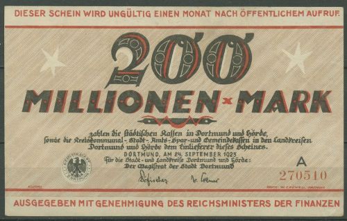 Dortmund 200 Millionen Mark 1923, Keller 1061 m, leicht gebraucht (K1099)