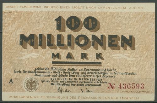 Dortmund 100 Millionen Mark 1923, Keller 1061 l, fast kassenfrisch (K1100)