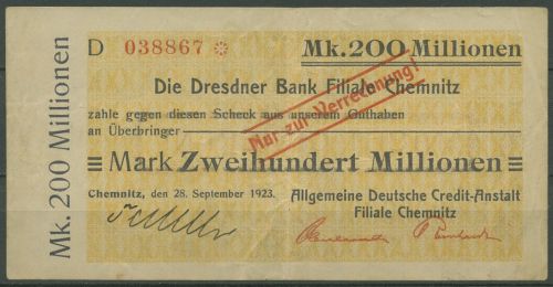 Chemnitz Dredner Bank 200 Mio Mark 1923, Keller 742 IIIo, gebraucht (K1105)