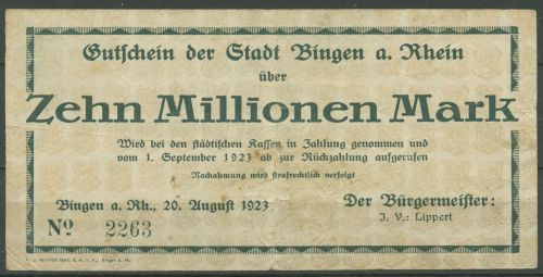 Bingen a. Rhein 10 Millionen Mark 1923, Keller 425 c, gebraucht (K1106)