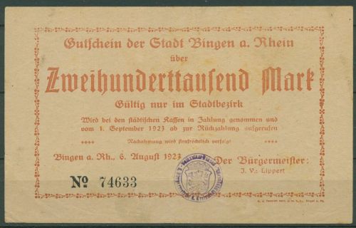 Bingen a. Rhein 200000 Mark 1923, Keller 425 a, gebraucht (K1107)