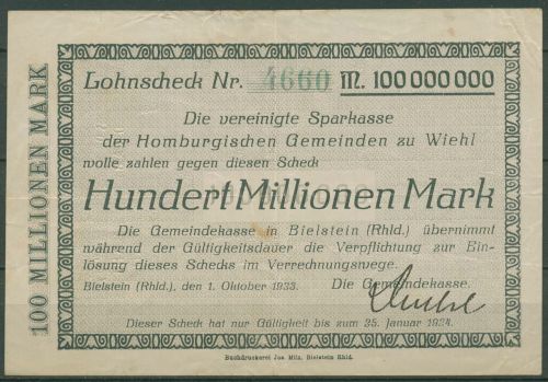 Bielstein 100 Millionen Mark 1923, Keller 418 m, gebraucht (K1108)