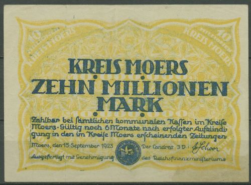Moers Kreis 10 Millionen Mark 1923, Keller 3593 n, gebraucht (K1121)
