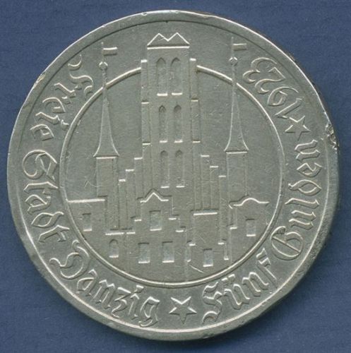 Danzig Freie Stadt, 5 Gulden 1923 Marienkirche, J D 9 ss kl. Randfehler (m6404)