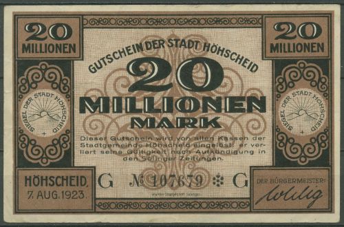 Höhscheid 20 Millionen Mark 1923, Keller 2396 c, gebraucht (K1126)