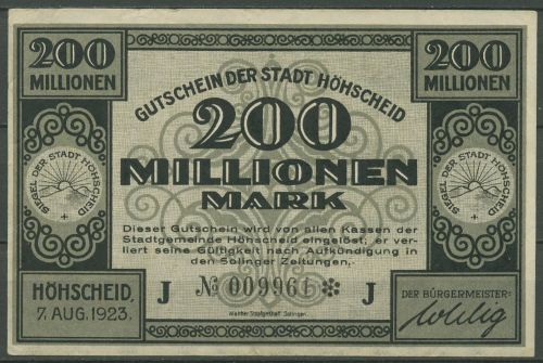 Höhscheid 200 Millionen Mark 1923, Keller 2396 c, gebraucht (K1127)