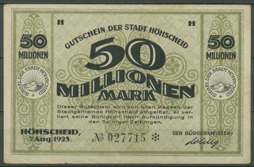 Höhscheid 50 Millionen Mark 1923, Keller 2396 b, gebraucht (K1185)