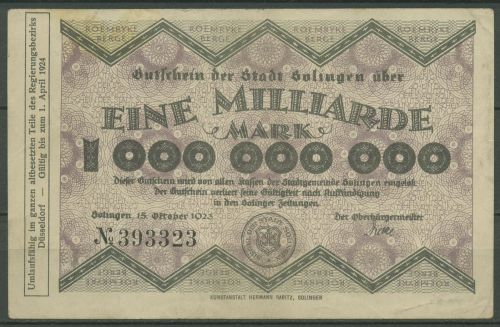 Solingen 1 Milliarde Mark 1923, Keller 4809 q, gebraucht (K1190)