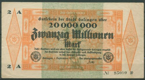 Solingen 20 Millionen Mark 1923, Keller 4809 g, gebraucht (K1191)