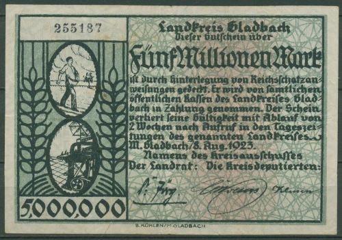 Gladbach 5 Millionen Mark 1923, Keller 1791 d, leicht gebraucht (K1192)