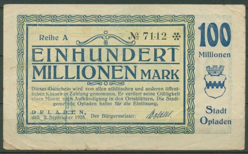 Opladen 100 Millionen Mark 1923, Keller 4178 c, gebraucht (K1194)