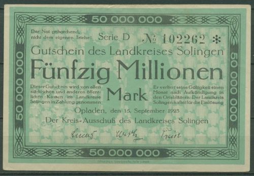 Solingen Kreis 50 Millionen Mark 1923, Keller 4812 g, leicht gebraucht (K1198)
