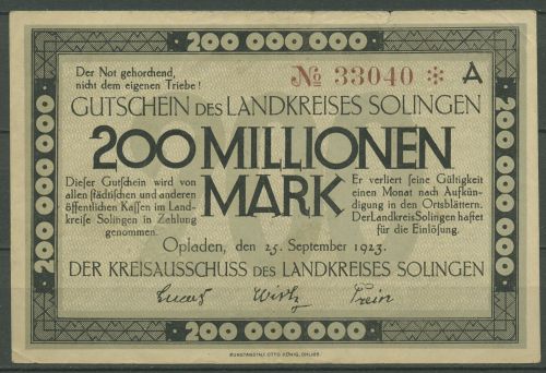 Solingen Kreis 200 Millionen Mark 1923, Keller 4812 i, gebraucht (K1199)