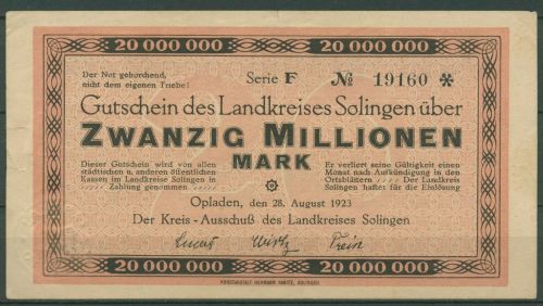 Solingen Kreis 20 Millionen Mark 1923, Keller 4812 c, gebraucht (K1201)