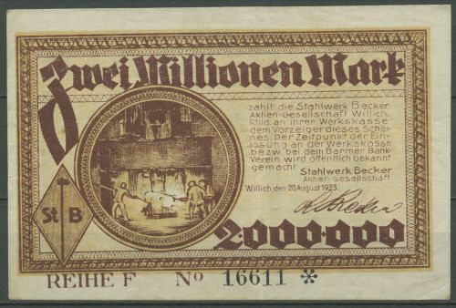 Willich Stahlwerk Becker 2 Millionen Mark 1923, Keller 5636 y, gebraucht (K1205)