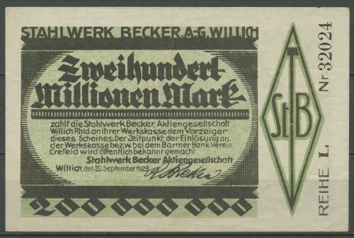 Willich Stahlwerk Becker 200 Mio Mark 1923, Keller 5636 bb, gebraucht (K1206)
