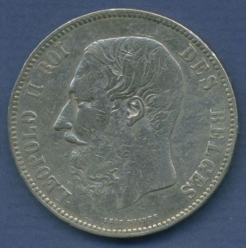 Belgien 5 Francs 1867, F mit Punkt, Leopold II., KM 24 fast ss (m6412)