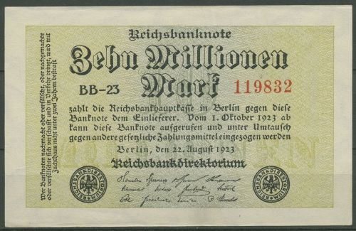 Dt. Reich 10 Millionen Mark 1923, DEU-118g FZ BB, fast kassenffrisch (K1220)