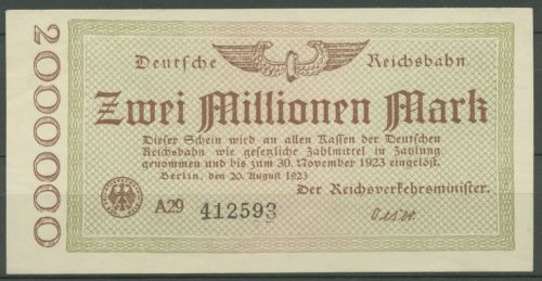 Deutsche Reichsbahn Berlin 2 Mio Mark 1923, Serie A, fast kassenfrisch (K890)