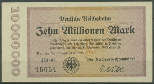 Deutsche Reichsbahn Berlin 10 Mio Mark 1923, Serie HR, fast kassenfrisch (K907)