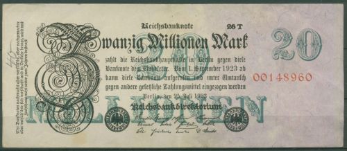 Dt. Reich 20 Millionen Mark 1923, DEU-108d FZ T, leicht gebraucht (K1302)