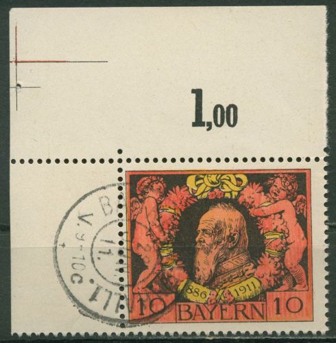 Bayern 1911 Prinzregent Luitpold 93 A Ecke 1 mit Schnittmarkierung gestempelt
