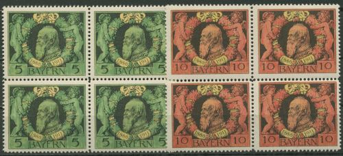 Bayern 1911 Prinzregent Luitpold Linienzähnung 92/93 B 4er-Block postfrisch