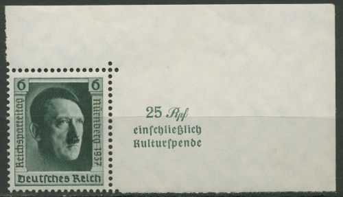 Deutsches Reich 1937 A. Hitler Einzelmarke 650 Ecke 2 aus Block 11 postfrisch