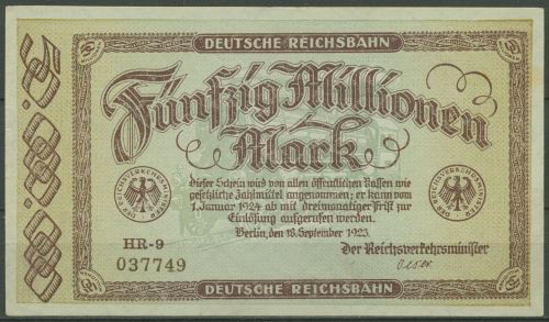 Deutsche Reichsbahn Berlin 50 Mio Mark 1923, Serie HR, leicht gebraucht (K915)