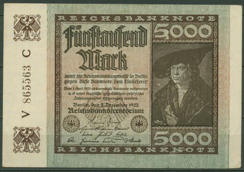 Dt. Reich 5000 Mark 1922, DEU-91b FZ C, leicht gebraucht (K1398)