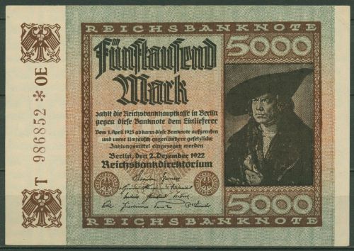 Dt. Reich 5000 Mark 1922, DEU-91b FZ OE, fast kassenfrisch (K1400)