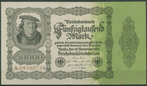 Dt. Reich 50000 Mark 1922, DEU-90a Serie A, fast kassenfrisch (K1427)