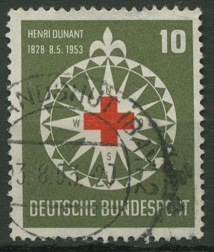 Bund 1953 125. Geburtstag von Henri Dunant, Rotes Kreuz 164 gestempelt