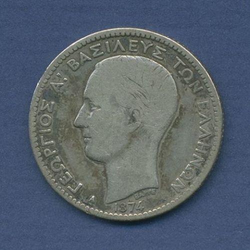 Griechenland Drachme 1874 A, Silber, Georg I., KM 38 s-ss (m6516)