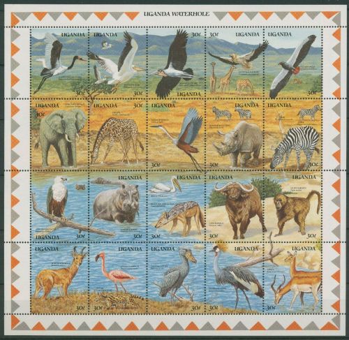 Uganda 1989 Tiere am Wasserloch Vögel 677/96 ZD-Bogen postfrisch (SG40312)