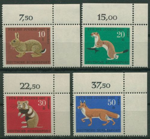 Bund 1967 Jugend: Pelztiere 529/32 Ecke 2 oben rechts postfrisch (E864)