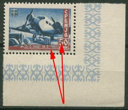 Serbien 1943 100 Jahre serbische Post mit Plattenfehler 98 I Ecke postfrisch