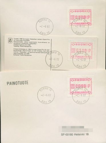Finnland ATM 1982 kl. Posthörner Satz 3 Werte ATM 1.1 S1 Brief, TURKU (X80552)