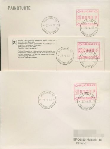 Finnland ATM 1982 kl. Posthörner 3 Werte ATM 1.1 S1 Brief, HELSINKI (X80553)