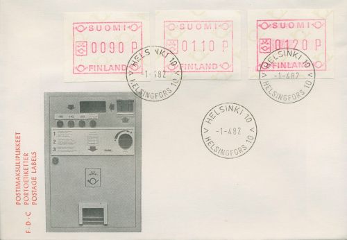 Finnland ATM 1982 kleine Posthörner Ersttagsbrief Satz ATM 1.1 S1 FDC (X80555)